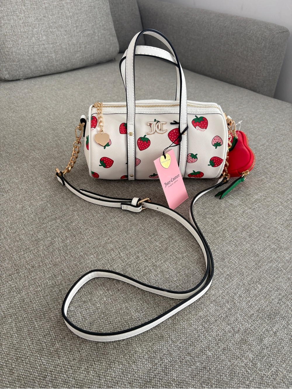 Juicy Couture White Barrel Crossbody with Red Strawberry Print and Gold Hardware - Picture 2 of 7